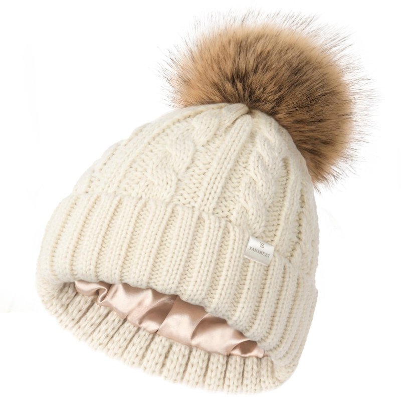 YANIBEST Winter Hats for Women Satin Lined Knitted Beanie Hat Warm Soft Ski Cuff Cap with Pom Pom Khaki