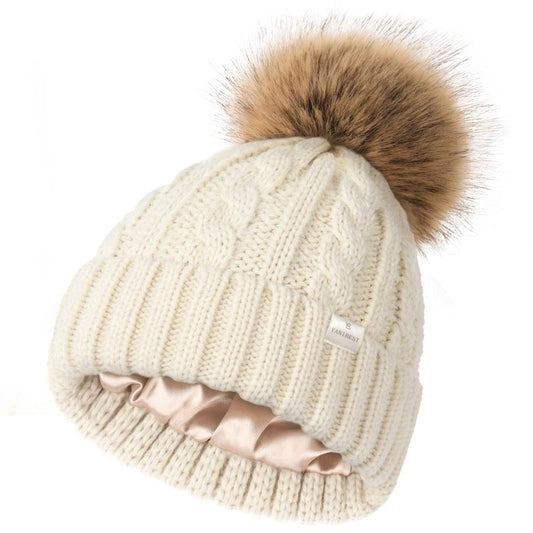 YANIBEST Winter Hats for Women Satin Lined Knitted Beanie Hat Warm Soft Ski Cuff Cap with Pom Pom Khaki