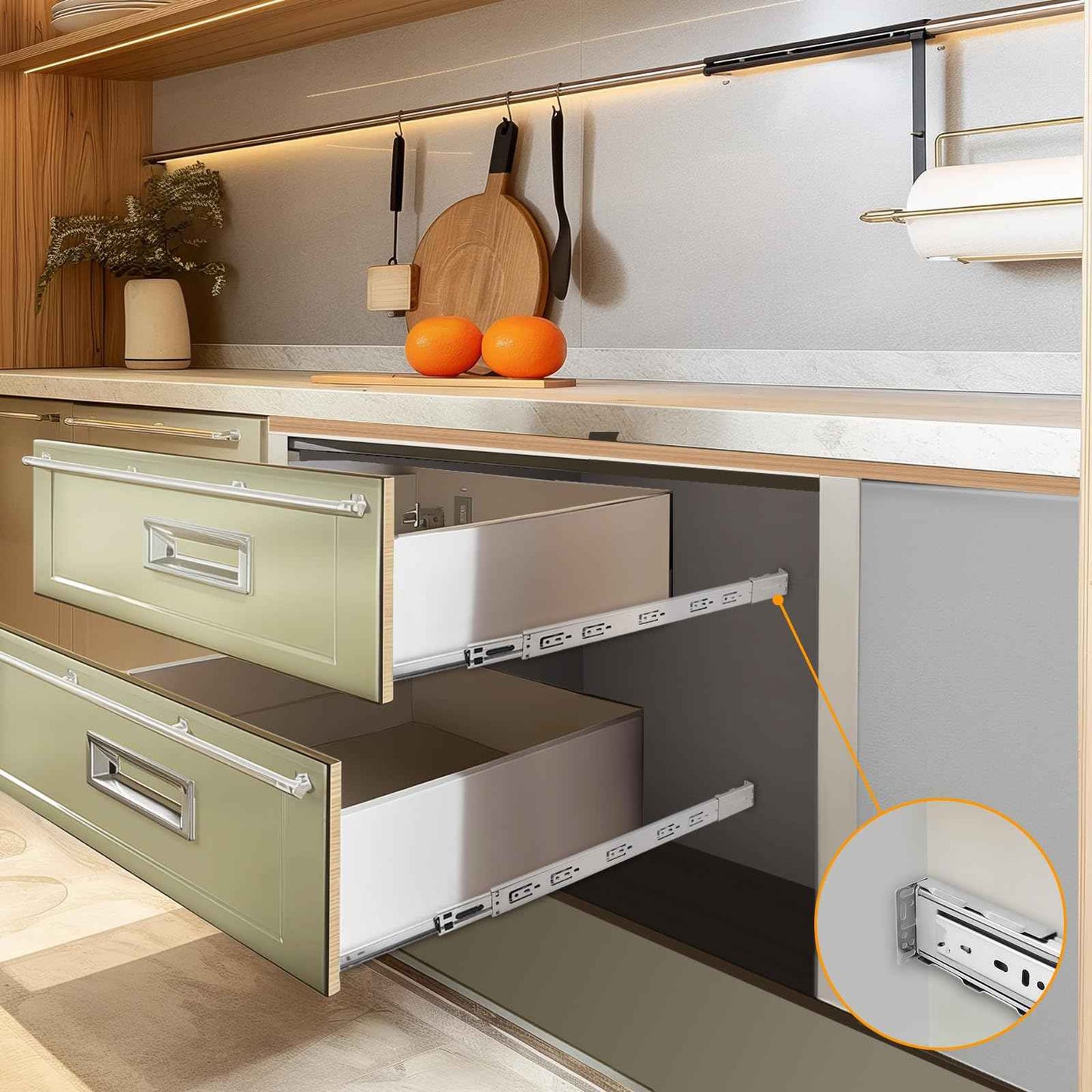 Probrico 1 Pair 22 Inch Rear/Side Mount Drawer Slides with Rear Mounting Brackets, Heavy Duty Ball Bearing Soft Close Drawer Glides, 3 Folds Full Extension Dresser Drawer Runners