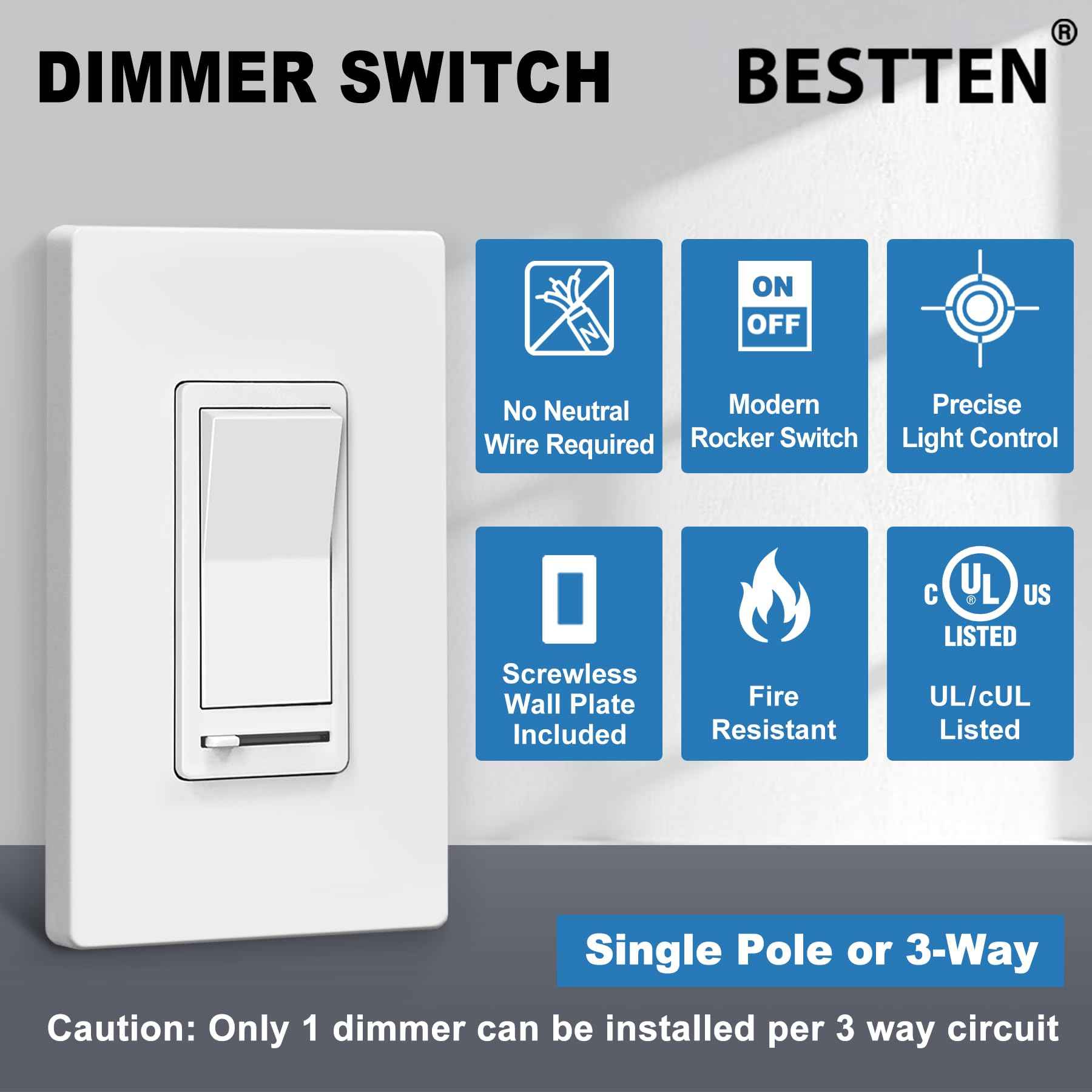 BESTTEN 10 Pack Dimmer Light Switch, for LED Dimmable Lamp, CFL, Incandescent, Halogen Bulb, Single Pole or 3-Way LED Slide Dimmer Switches, Screwless Wall Plate Included, UL Listed, White