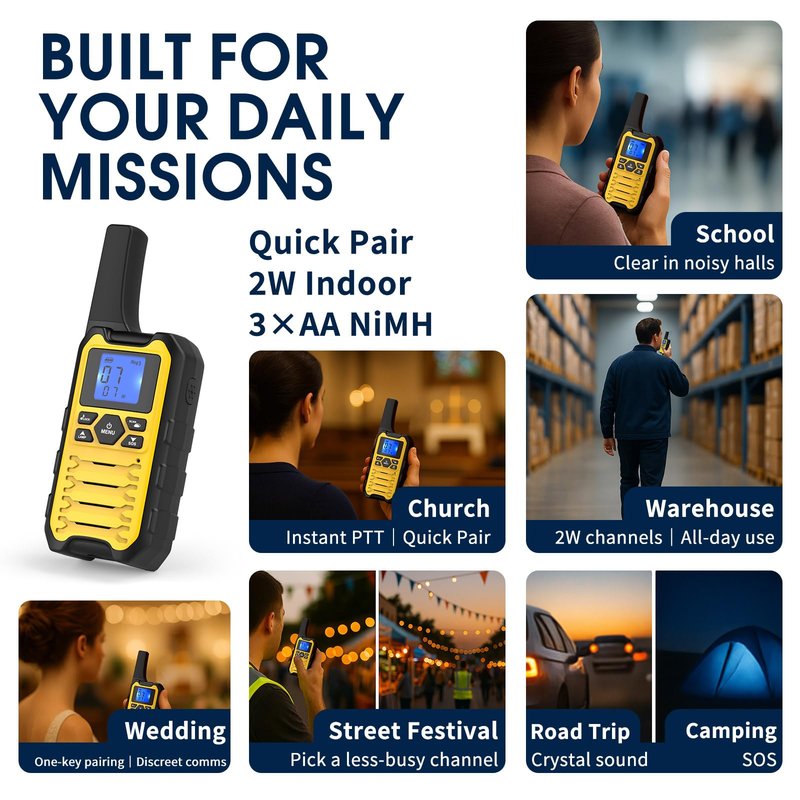 Wishouse K15 Walkie Talkies Long Range for Adults, Rechargeable Two-Way Radios 4 Pack, 2W FRS, 22 Channels, USB-C, Flashlight, NOAA/SOS, Quick Pair, for Camping & Hunting, Emergency Use