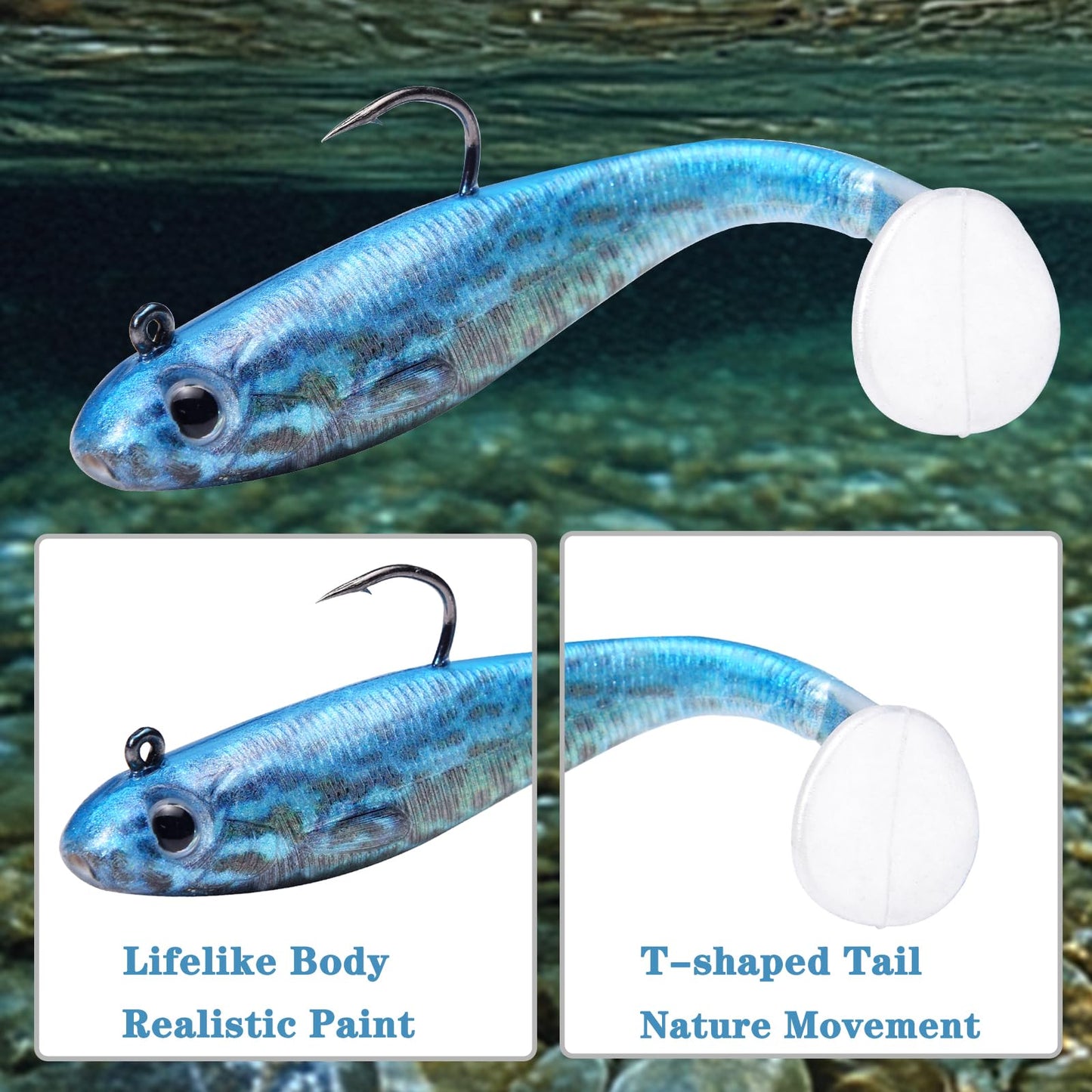 FISHCORNER Swim Bait Paddle Tail Swim Baits for Bass Fishing,Realistic Paint Minnow Swimbait Walleye Fishing Lures,Pre-Rigged Swimbaits Fishing Soft Plastic Lures for for Bass Trout Walleye 3/6pcs