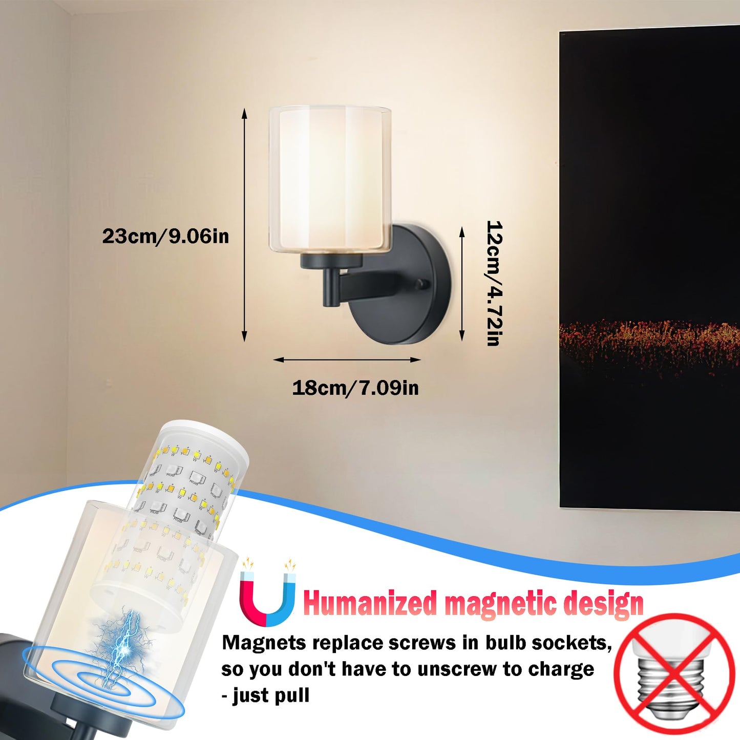 Nekhung Battery Operated Wall Sconce Set of 2, Wireless Wall Sconce with Remote,10000mAh Rechargeable RGB Dimmable Bathroom Light Fixtures with Double Clear Glass Shade NOT Hardwired