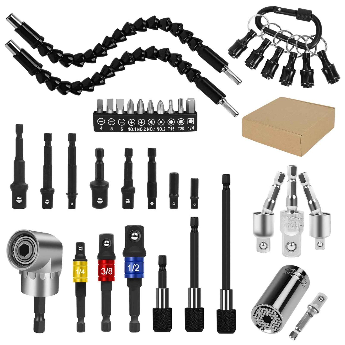 GALLIA Flexible Drill Bit Extension Set 38Pcs, Right Angle Drill Attachment, Rotatable Joint Socket 1/4 3/8 1/2 Inch Hex Socket Adapter, Bits Holder and Screwdriver Bit Kit with a Box (Black)