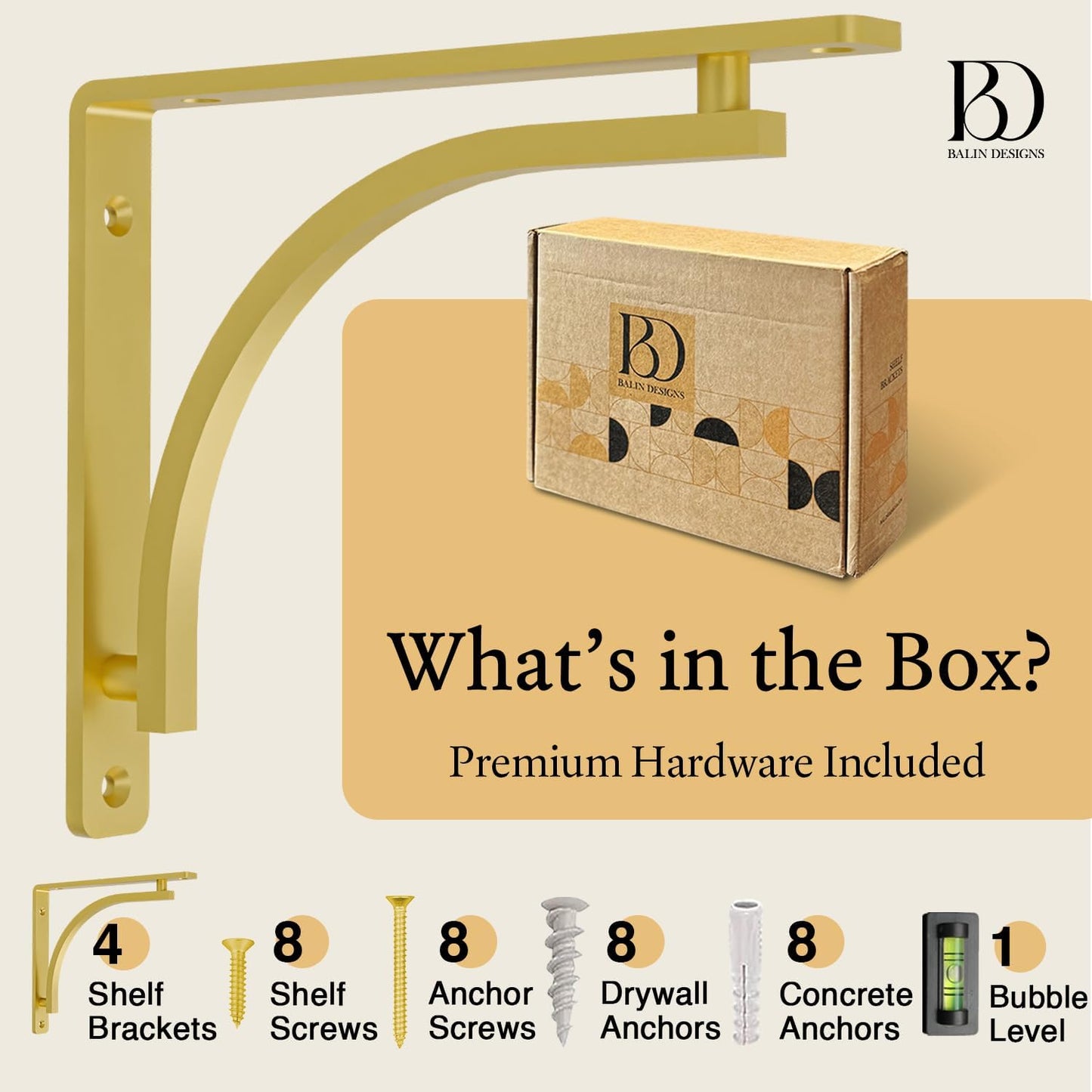 Heavy Duty 8-Inch Black Shelf Brackets - Wall Mounted L Bracket Set of 4 with Hardware