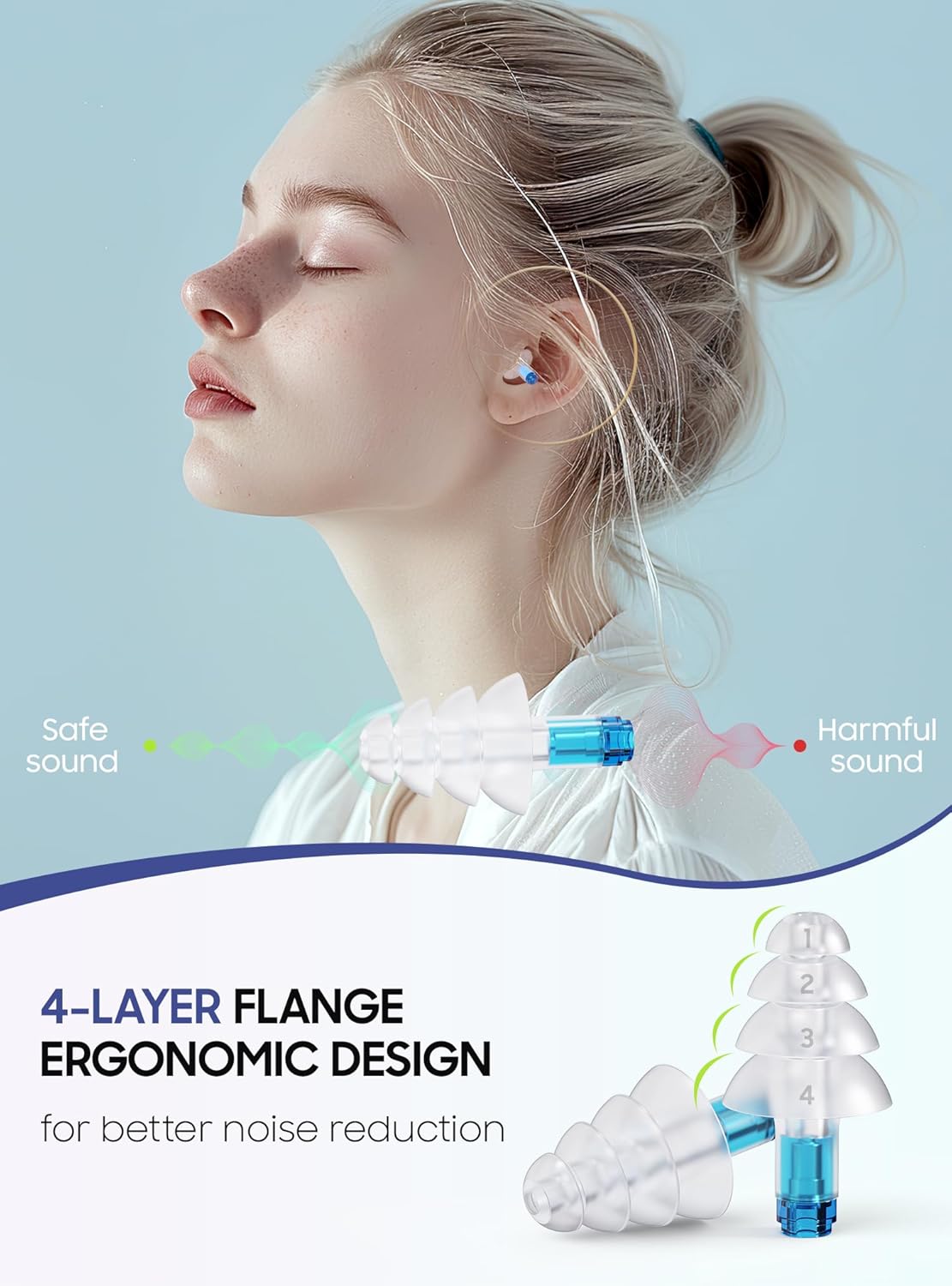 Skiennix Ear Plugs - Soft Silicone Reusable for Airplane Pressure Relief | 2 Pairs with Connector Cord