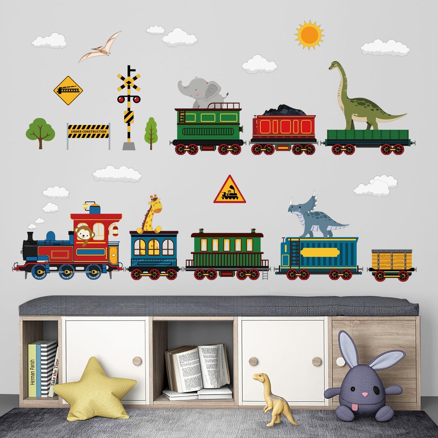 decalmile Animal Train Wall Stickers Dinosaur Elephant Giraffe Wall Decals Baby Nursery Children Bedroom Playroom Wall Decor