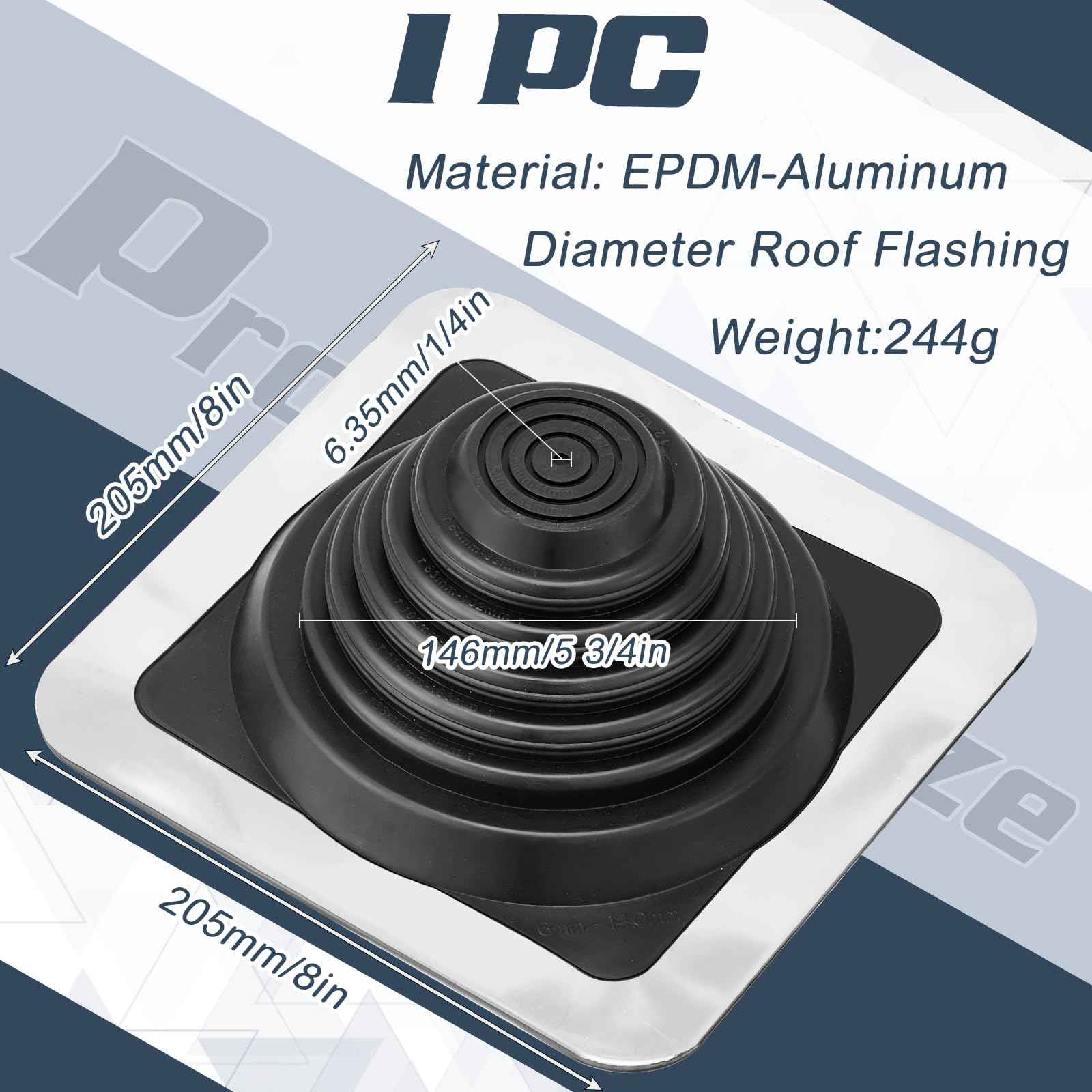 Yaocom #3 Metal Roof Vent Boot Chimney Flashing Roof Jack Pipe Vent for Pipe Diameters 1/4-5-3/4 Sleeve Square Base Epdm Stove(1 Pcs,8 Inch)