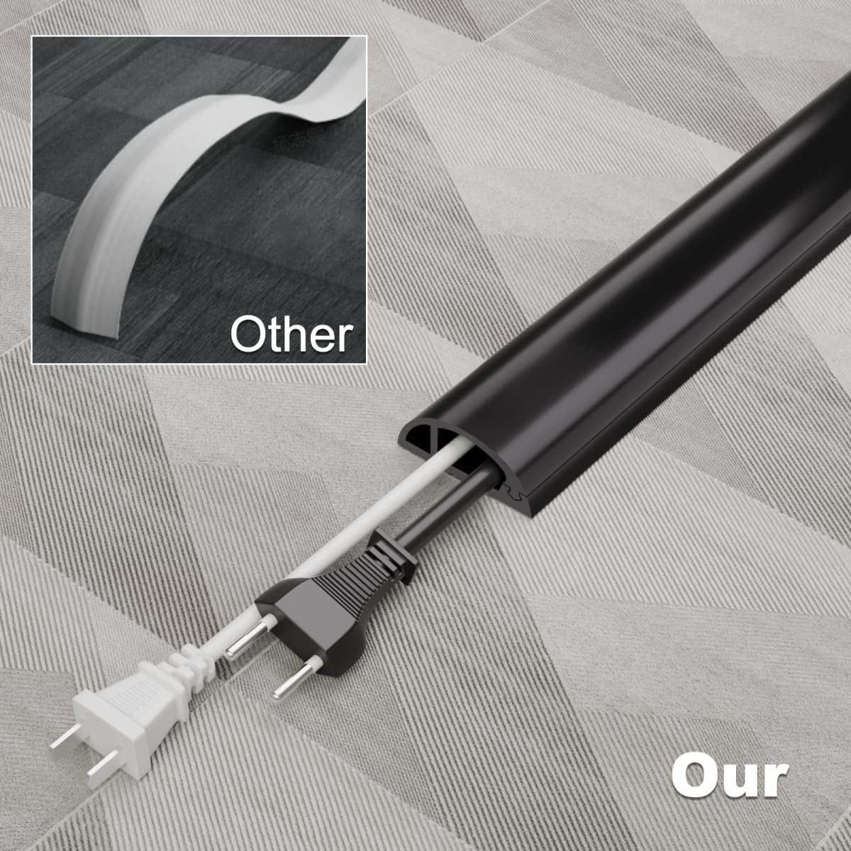 Kneelisa 4FT Side-Open Extension Cord Covers for Wires on Floor,Silicone Power Cable Protector Cord Hider Management Strip,Hide Electric Wire on Carpet,Chord Runner Protective Safety Wiremold,Black