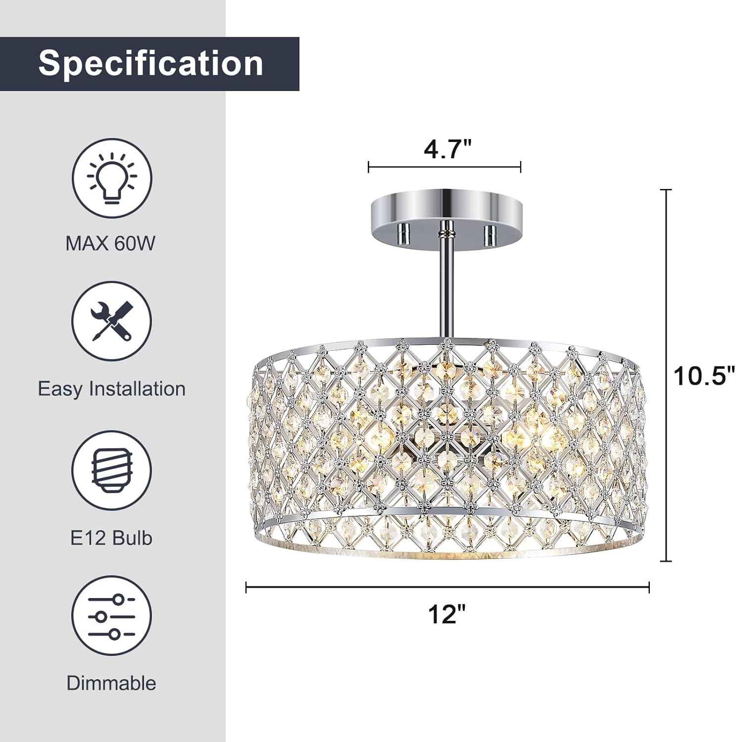 Modern Black Crystal Semi Flush Mount Ceiling Light Fixture - 11.2" Round Chandelier for Dining Room, Hallway, Kitchen & Bedroom