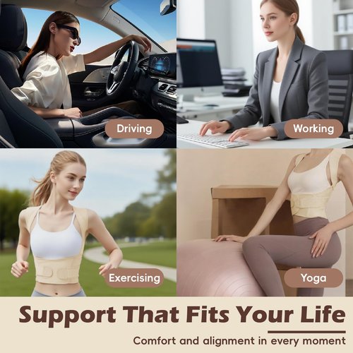 LuxuMach Posture Corrector for Women & Men, Full Back Brace Support with Adjustable Shoulder Straightener, Lower & Upper Back Pain Relief - Scoliosis, Hunchback, Spine Corrector (Beige, Medium)