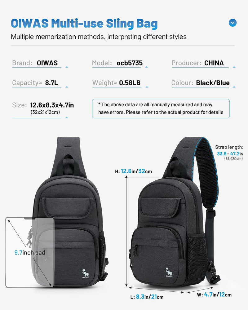 OIWAS Sling Bag Crossbody Backpack for Men, One Strap Backpack Hiking Daypack Chest Bag for Women Large Capacity Water Resistant Shoulder Bags (black)