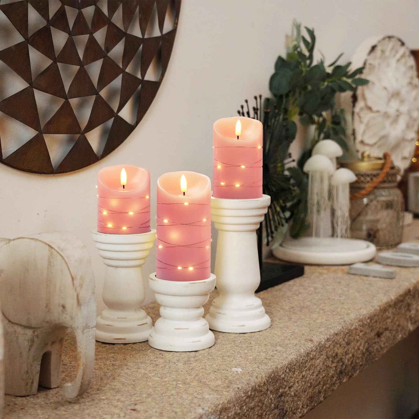 Homemory Flameless Candles with String Lights, 3 Pack Embedded Fairy String Lights LED Candles, Electric Flickering Candles with Remote Control and Timer, Real Wax, Pink