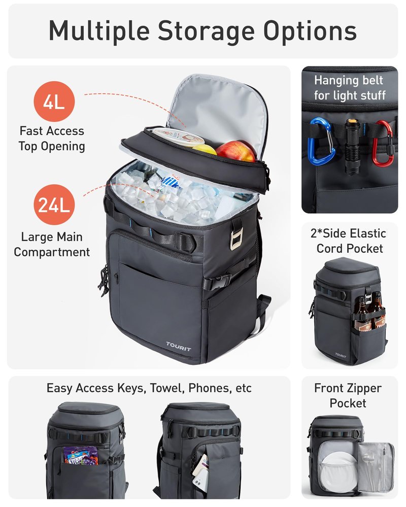 TOURIT 38 Cans Backpack Cooler: Leak Proof Waterproof 2 Insulated Compartments Soft Cooler Bag Beach Travel Camping Picnic Black