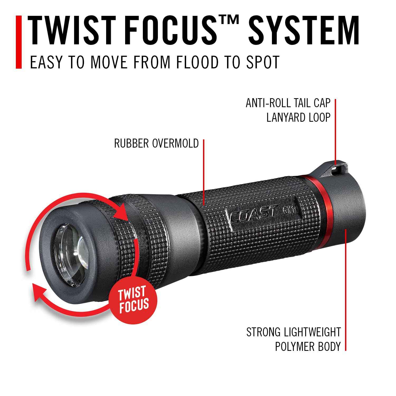 Coast GX10 550 Lumen Compact & Waterproof Dual Power LED Flashlight with Grip-Textured Handle, 4 Light Modes, Twist Focus™ & Pure Beam® Technology