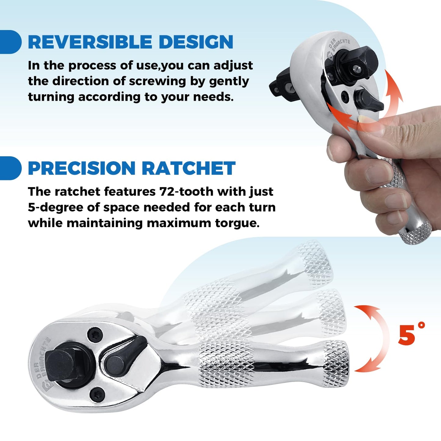 DER ERWACHTE 3-in-1 Stubby Ratchet Handle, 1/4 ", 3/8 ", 1/2" Drive Ratchet Wrench, 72-Tooth, Reversible Switch, Full-Polished Chrome Plating, Chromium Vanadium Steel