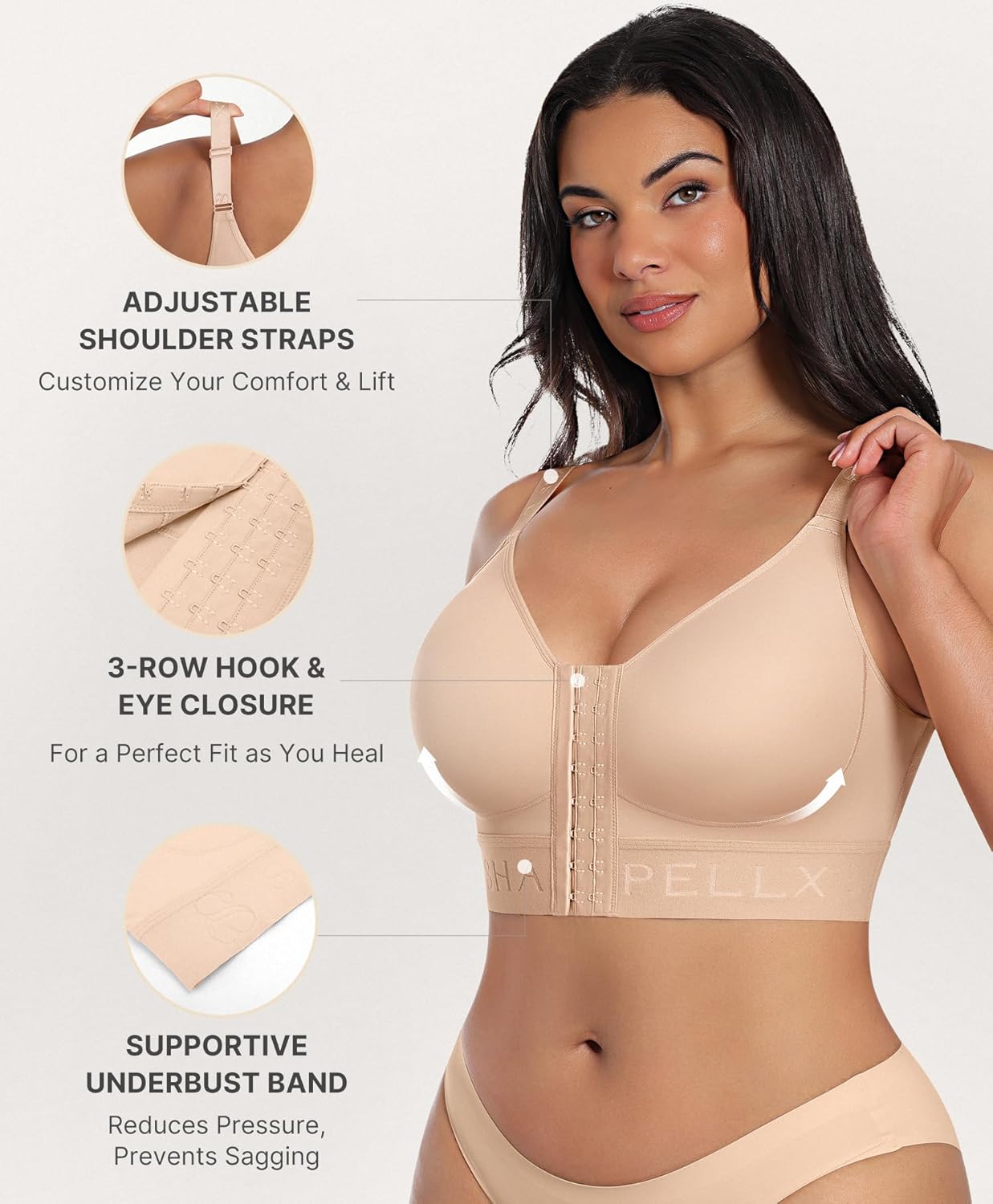 SHAPELLX Post Surgery Bras - Front Closure Wireless Mastectomy Bra with Adjustable Straps - Comfortable Fit