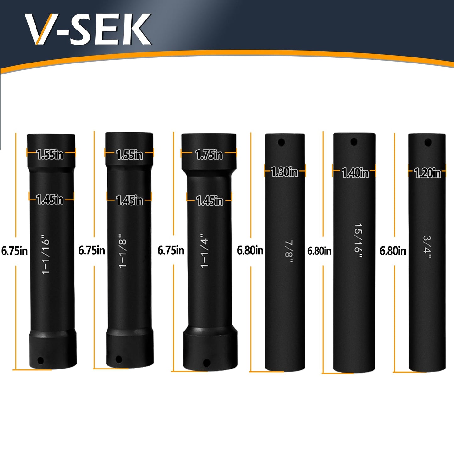 V-SEK 6.75 Inch Long Extended Length Impact Socket Set 1/2 Inch Drive Extra Deep Sockets Heavy Duty Steel With Hex Sizes 3/4" 7/8" 15/16" 1-1/16" 1-1/8" 1-1/4" for High Torque Use 6PCS