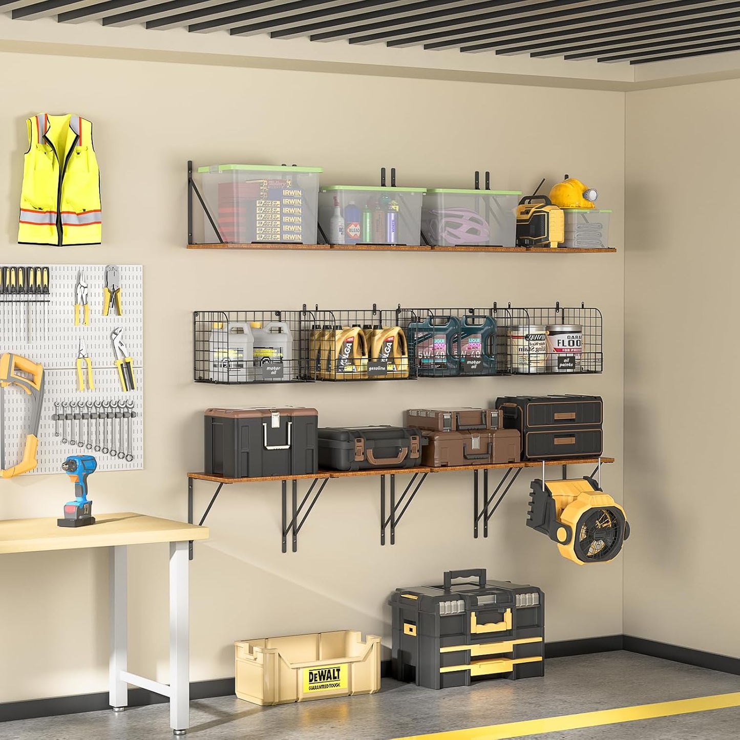 Heavy-Duty Wall-Mounted Garage Shelves with Wire Baskets & Hooks - 2 Pack Tool Organizer for Home & Garden Storage