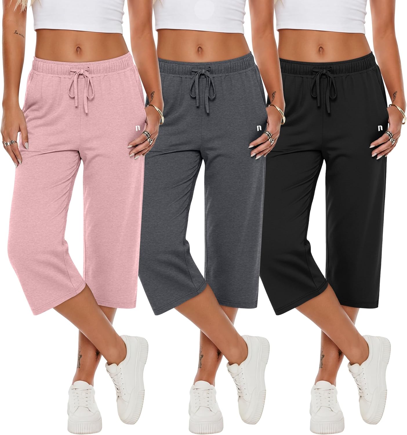 Neer Women's Capri Pants - Wide Leg Casual Sweatpants with Pockets | 3-Pack, Comfortable Fit