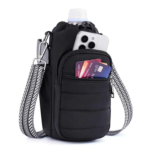 Lexiyat Water Bottle Bag 40 oz Crossbody Water Bottle Holder for Walking Hiking Insulated Compartment Carrier Purse with Adjustable Strap Black