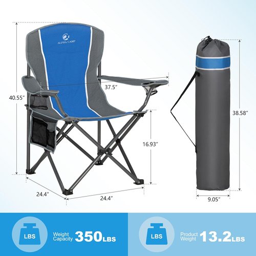 LET'S CAMP Oversized Camping Chair - Heavy Duty 350 LBS Capacity | 2-Pack with Cup Holder & Storage Bag - Blue