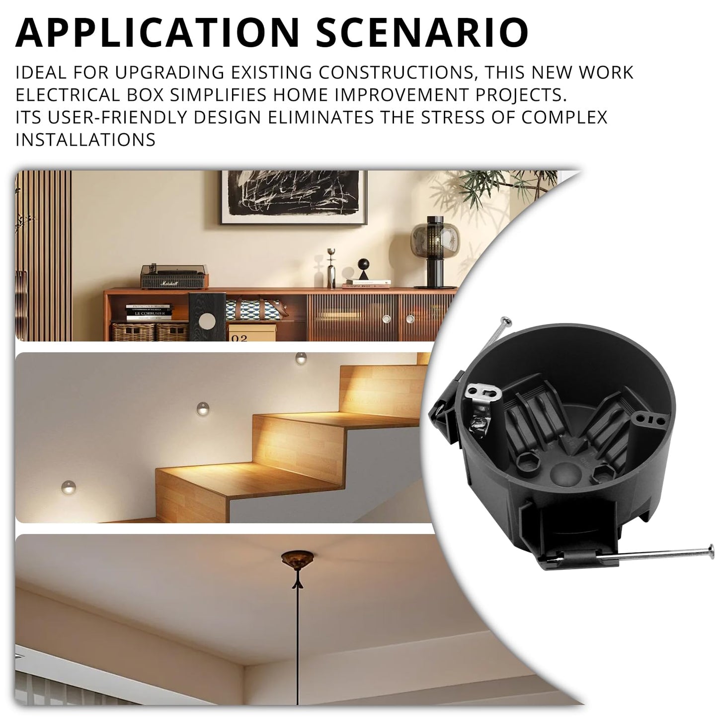 YQMIGU New Work 4" Dia Round Ceiling Nail Electrical Black Box 1-Gang, Home Improvement PVC Electrical Junction Black Box, ETL Listed, 20 Cubic Inch, Suitable for Residential Renovation(2 Pack)