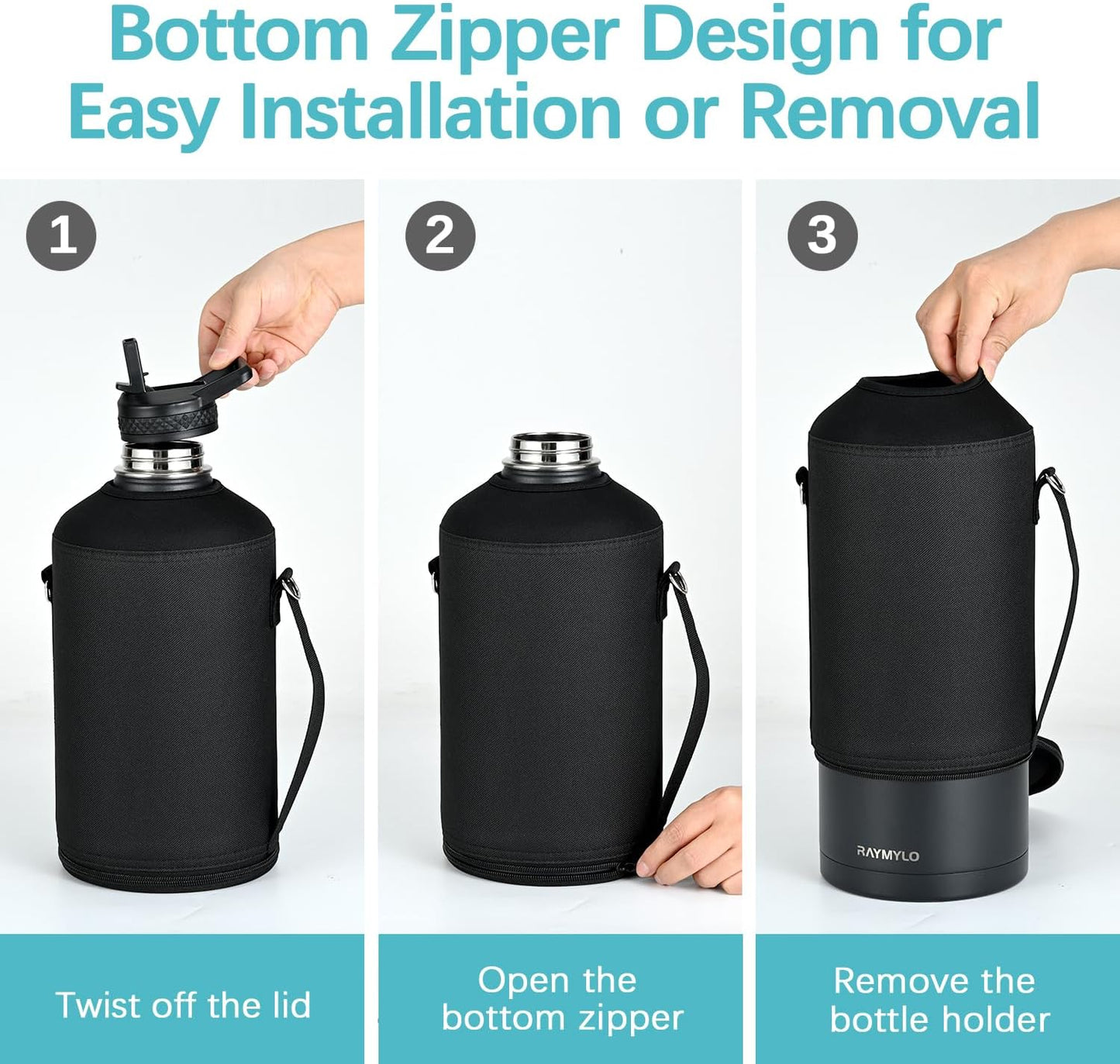 RAYMYLO Water Bottle Carrier Bag - Adjustable Crossbody Holder for 64/128 oz Bottles | Black