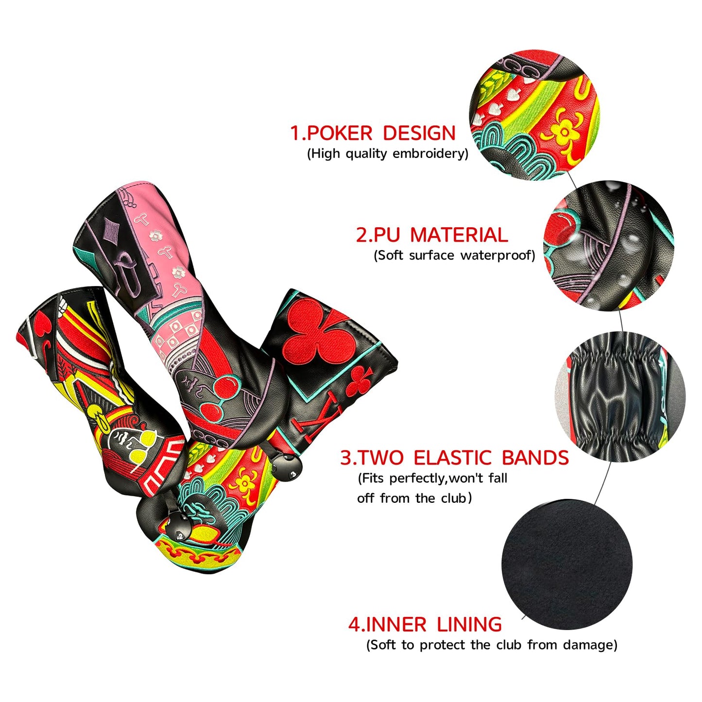 IMUSUBI Poker Golf Headcover Fairway Wood Cover Headcover with Premium Synthetic Leather Material Embroidery Poker Pattern Fits for All Brand Golf Headcovers (for Driver)