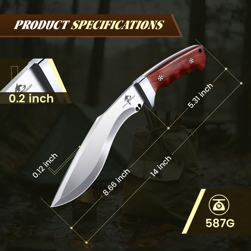 Purple Dragon Kukri Fixed Blade Knife With Sheath, 8 Inch Full Tang Heavy Duty Camping Knives - Christmas Gift for Men and Women