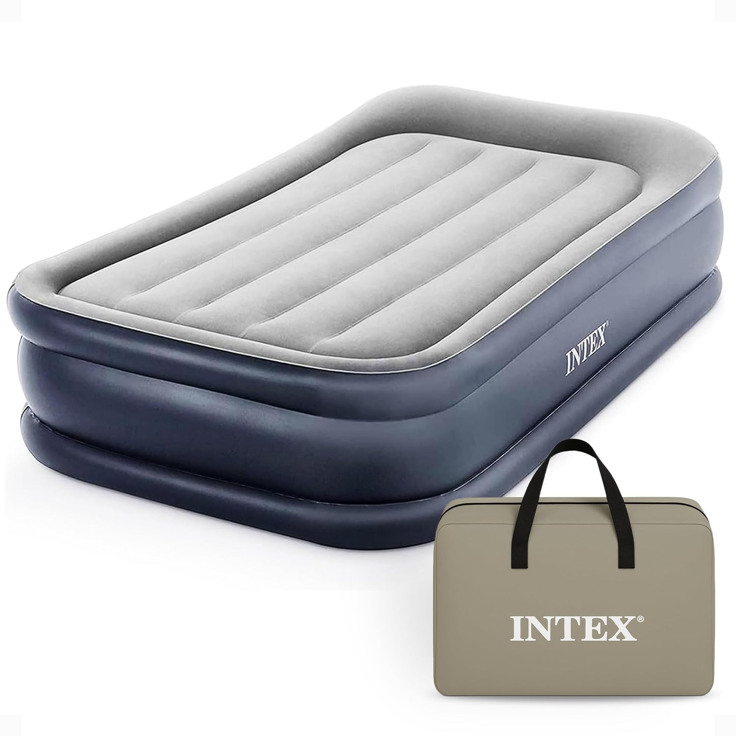 Intex 64131ED Dura-Beam Plus Deluxe Pillow Rest Air Mattress: Fiber-Tech – Twin Size – Built-in Electric Pump – 16.5in Bed Height – 300lb Weight Capacity