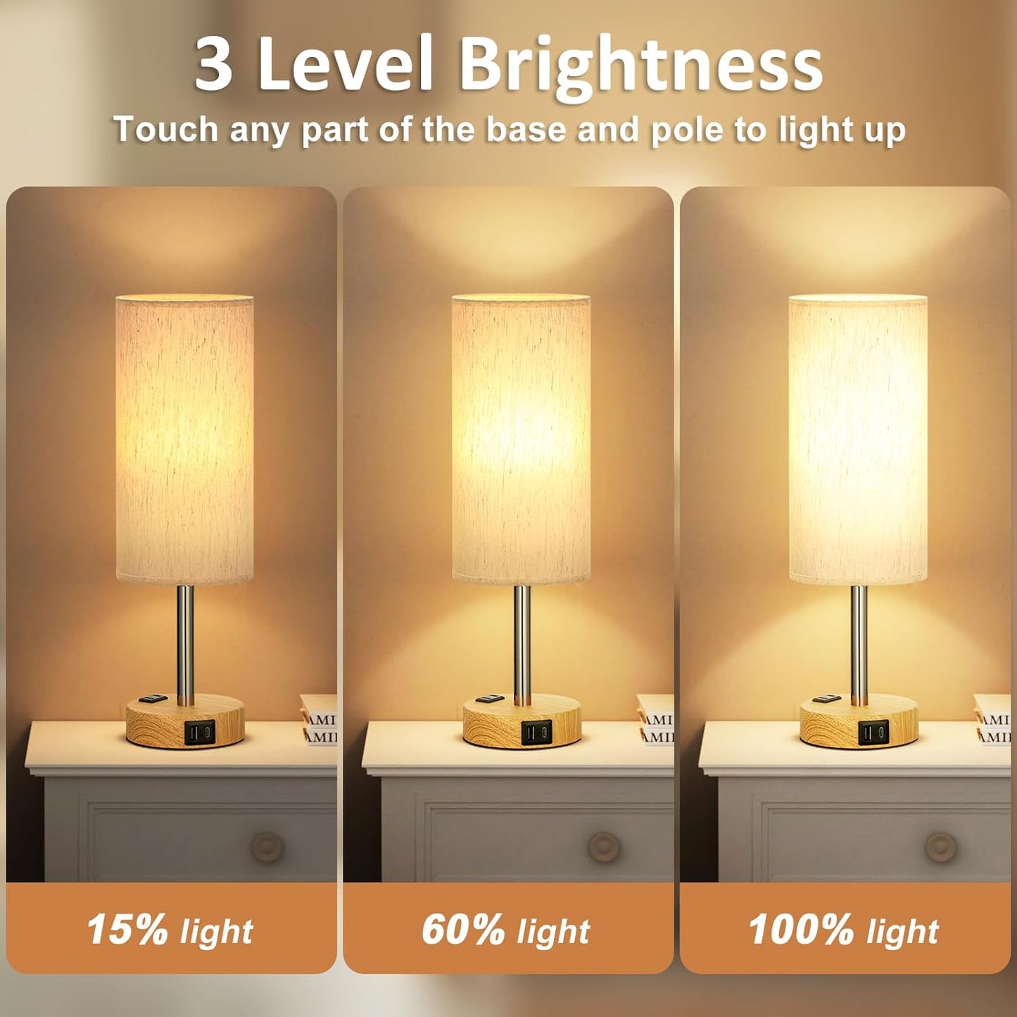 3-Way Dimmable Touch Table Lamps Set of 2 with USB Charging & Wood Grain Base