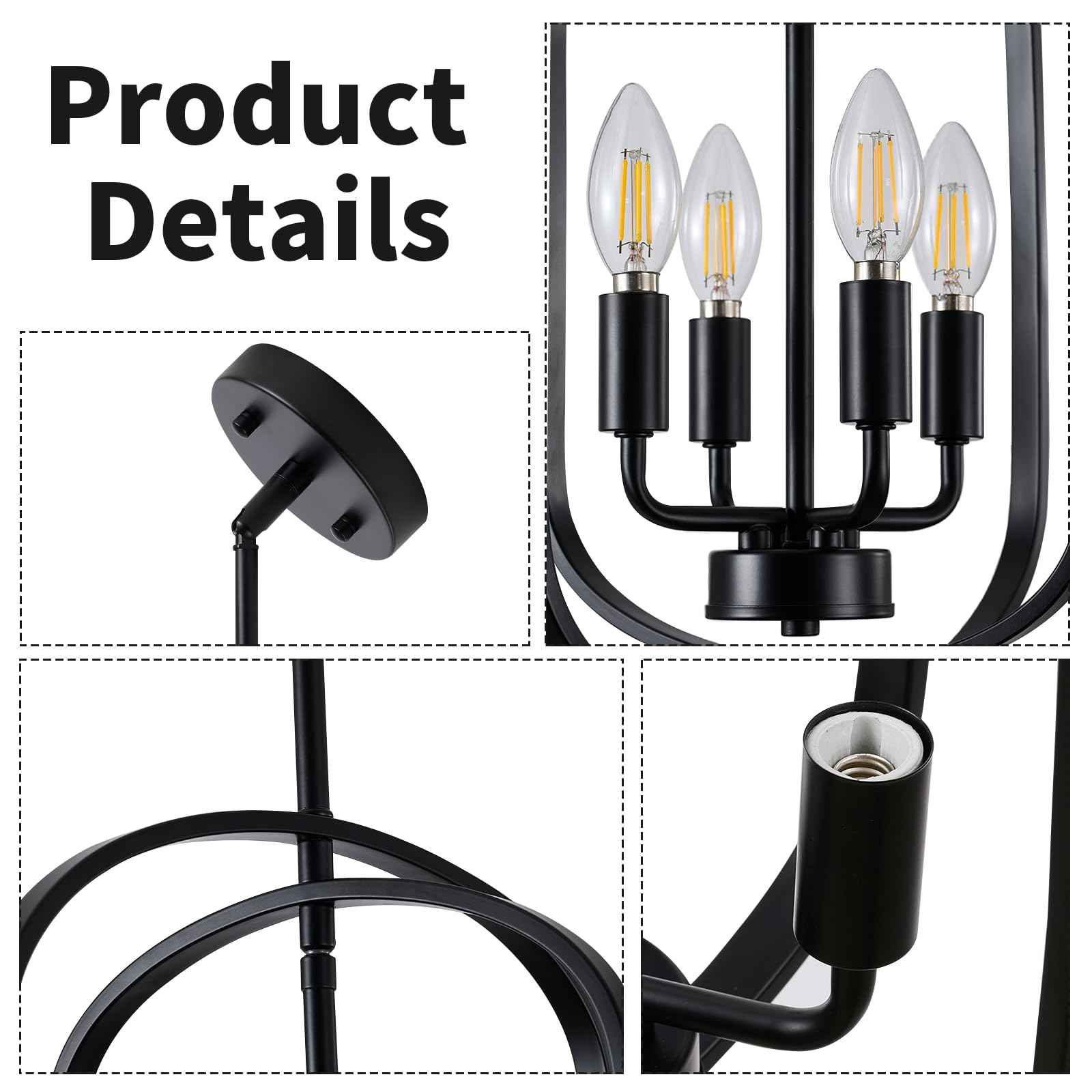 MIAYBPH Black Chandelier Light Fixture, 4-Light Dining Room Chandelier Over Table Farmhouse Rustic Small Entryway Chandeliers Hanging Island Pendant Lights for Kitchen Entryway Foyer Living Room