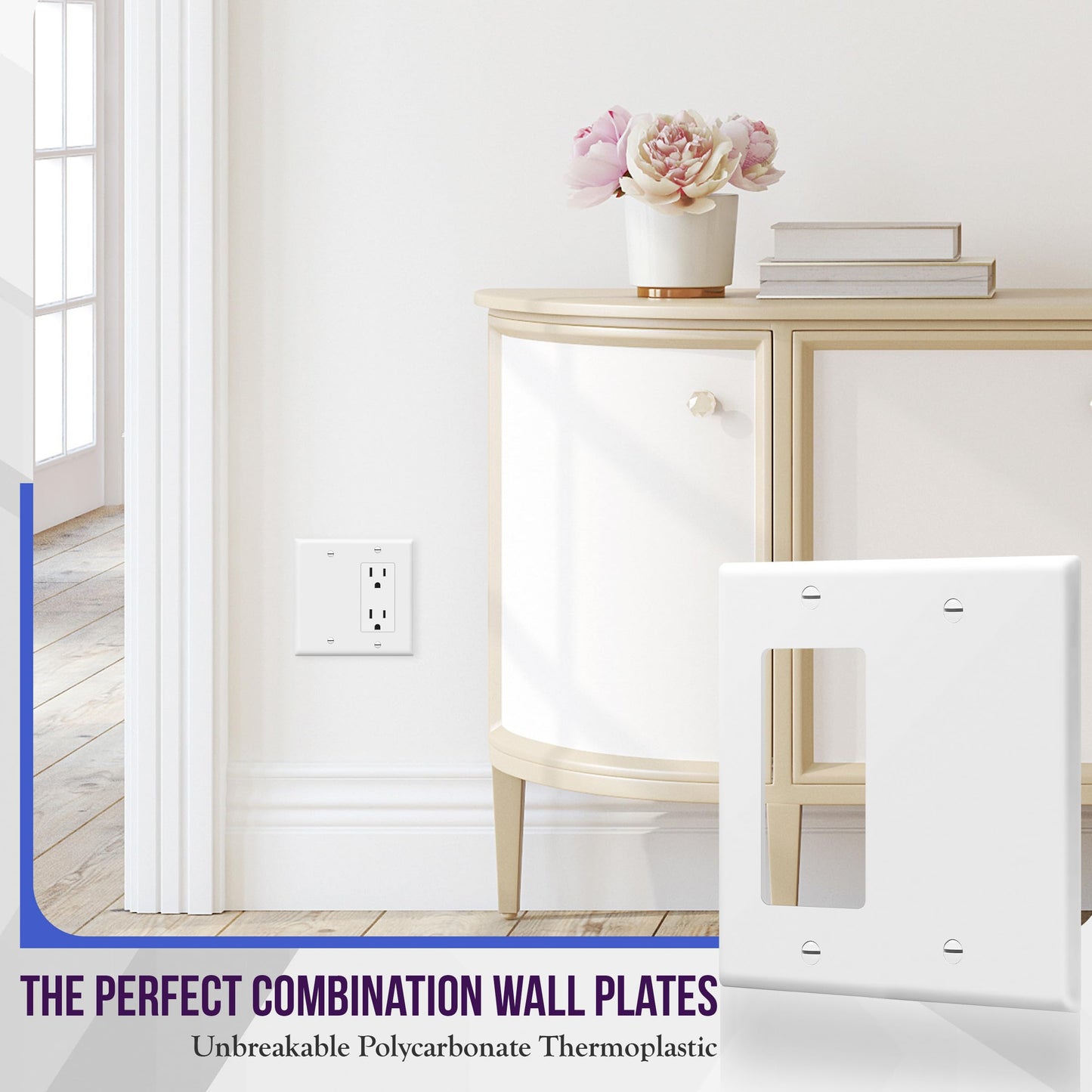 ENERLITES Combination Blank Device/Decorator Switch Wall Plate, Size 2-Gang 4.50" x 4.57", Polycarbonate Thermoplastic, 880131-W, White, 4 Pack