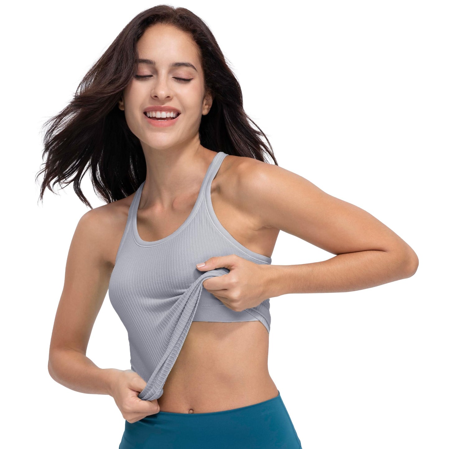 Excwudy Seamless Ribbed Workout Racerback Tank Tops with Built in Bra for Women Grey-Purple L