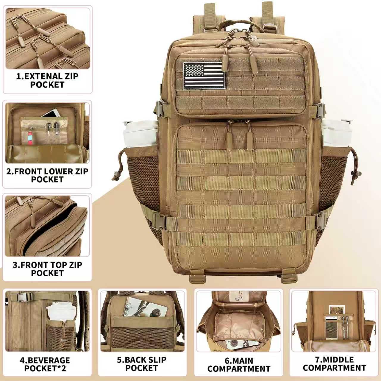 Lovelinks21 45L Tactical Assault Backpack 3 day assault pack with Molle Waterproof backpack Rucksack for Tactical Backpacks (khaki)