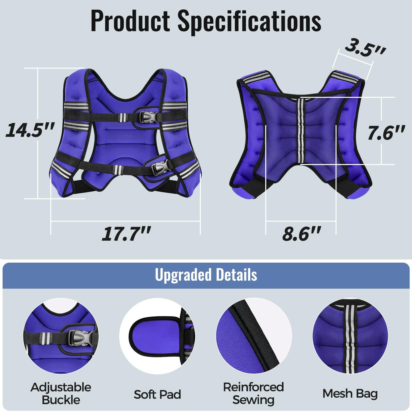Zeerun Weighted Vest, 6lb/8lb/10lb/12lb/15lb/18lb/20lb/24lb/30lb for Men Women, Reflective Stripe Adjustable Buckle, Comfortable Durable Rucking Vest for Walking Running Strength Training, 15LBS-Purple