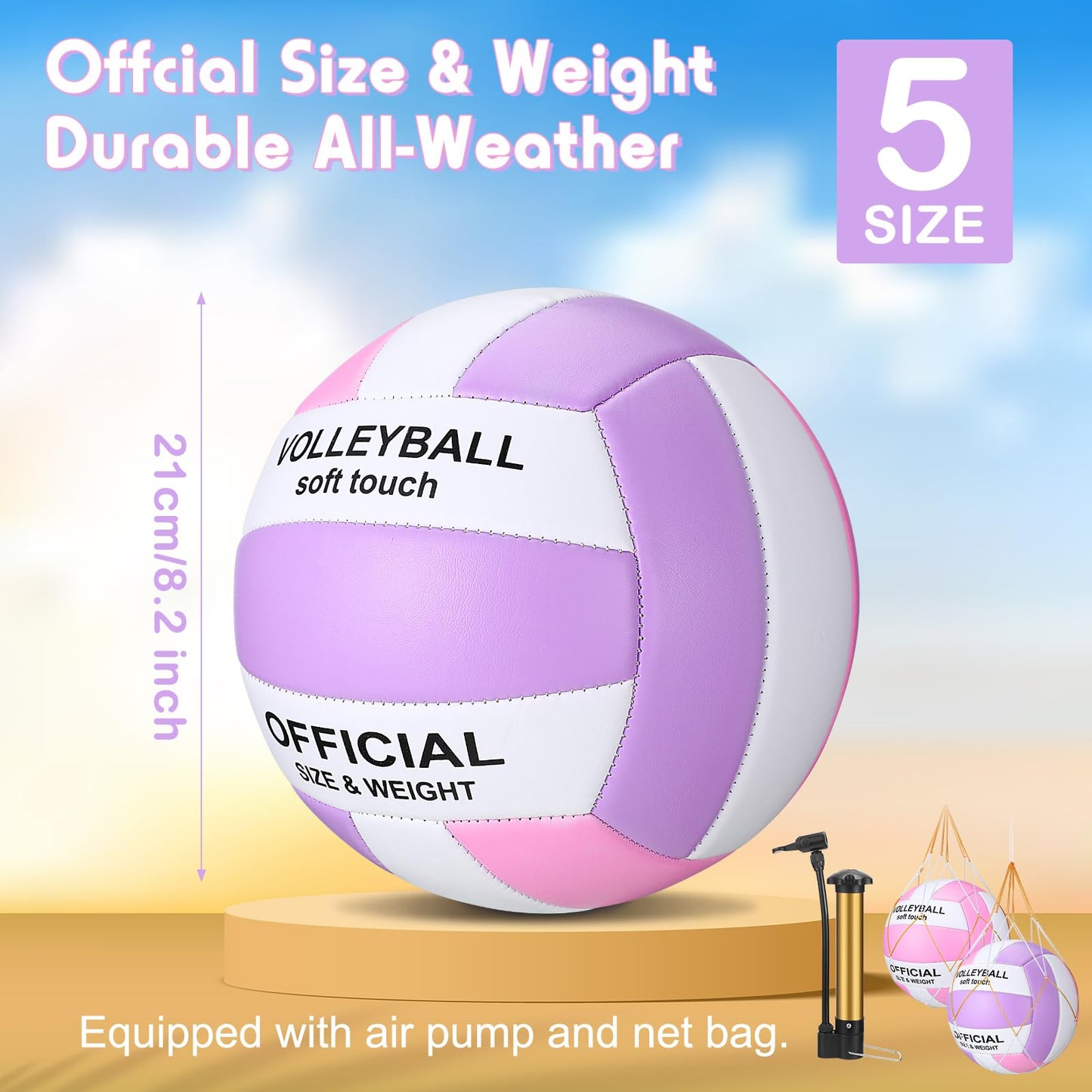 Woanger 6 Pcs Volleyballs Official Size 5 Waterproof Soft Recreational Volleyball with Pump and Net Bag Indoor Outdoor Beach Sports Gym Back to School(Pink Purple White)