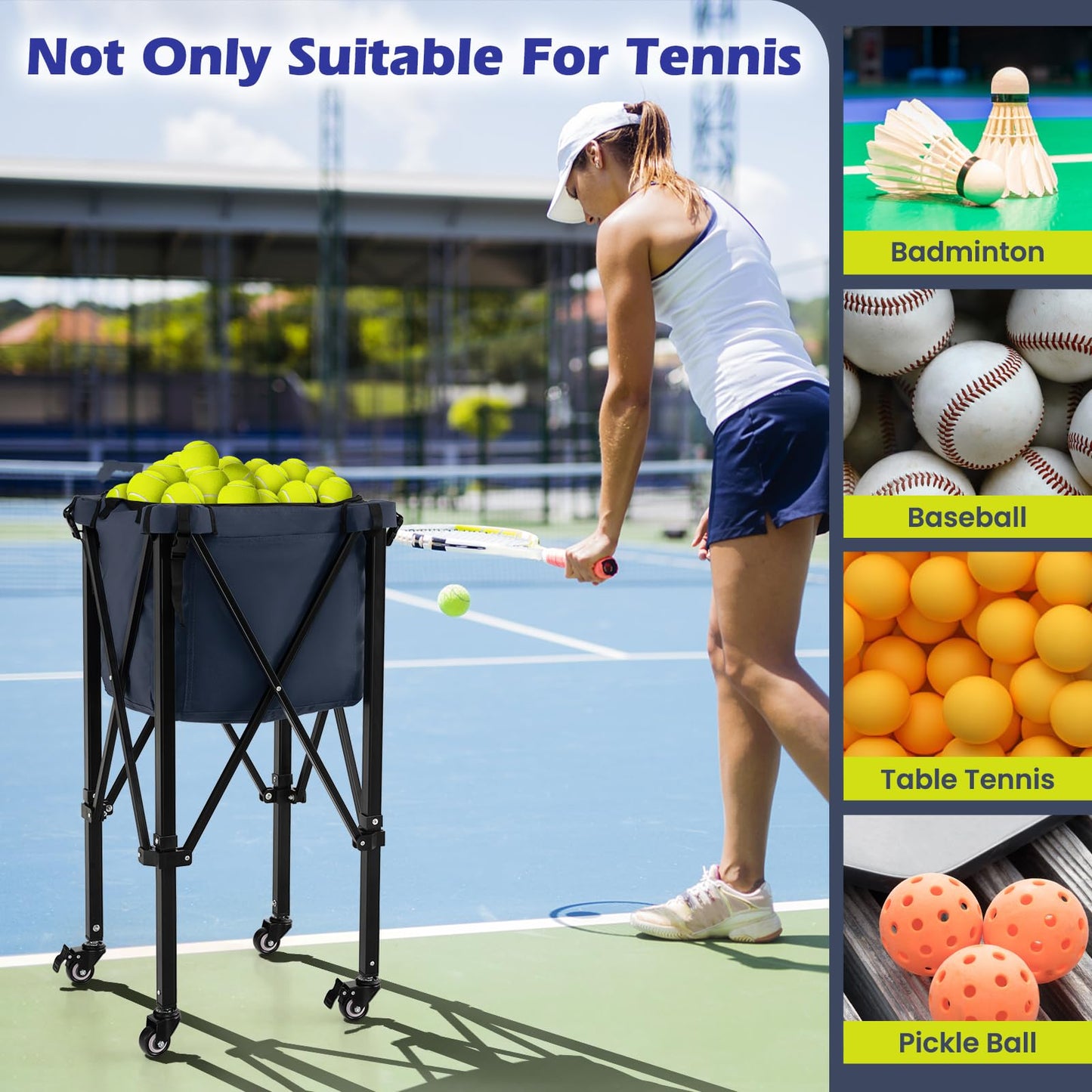 SPORFIT Tennis Ball Hopper Cart with Wheels, Portable Tennis Ball Basket Holds 150 Balls, Collapsible Aluminum Tennis Basket for Balls Pickup, Pro Sports Teaching Cart for Tennis Pickleball Baseball