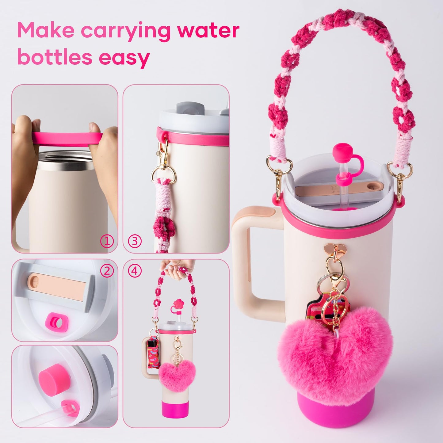 Bufilea Stanley Cup AccessoriesI Bottle Handle Carrier Strap,Silicone Cup Boot, Lipstick Holder, Straw Topper & Spill Stoppers, Cute Decorative Charms, Accessories for Stanley Cup 40oz/30oz Decor