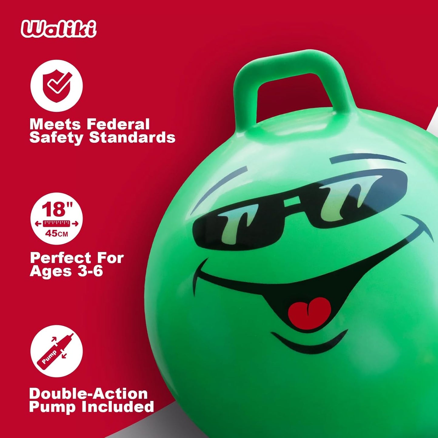 WALIKI Hop Ball Toy - 18” Green Jumping Therapy Ball for Kids Aged 3-6 | Fun Outdoor Activity