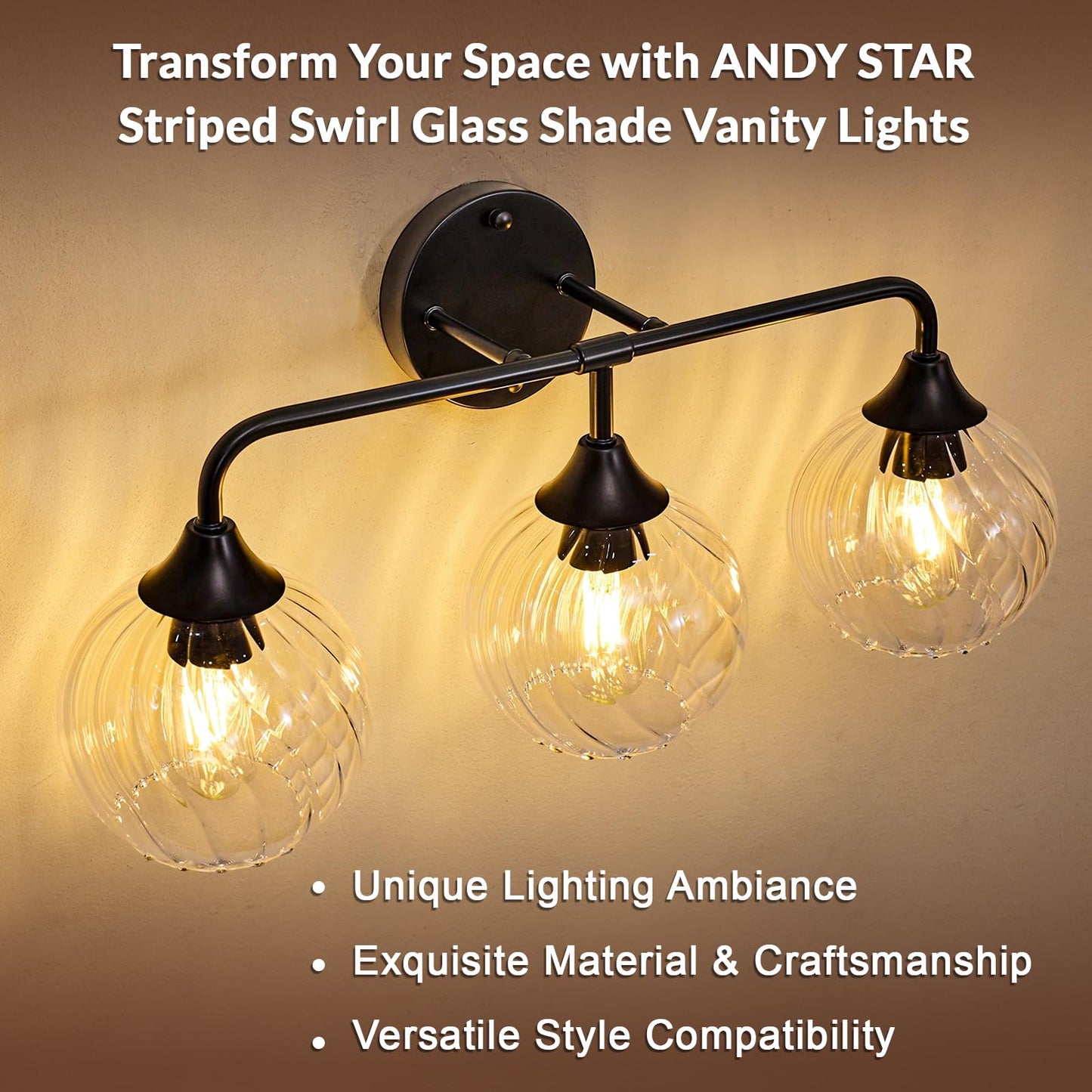 ANDY STAR 3-Light Matte Black Bathroom Vanity Light, 22” Modern Wall Sconce with Clear Spiral Glass Shades, Anti-Rust Metal Lighting Fixture for Bathroom Mirror, Powder Room, E26 Base