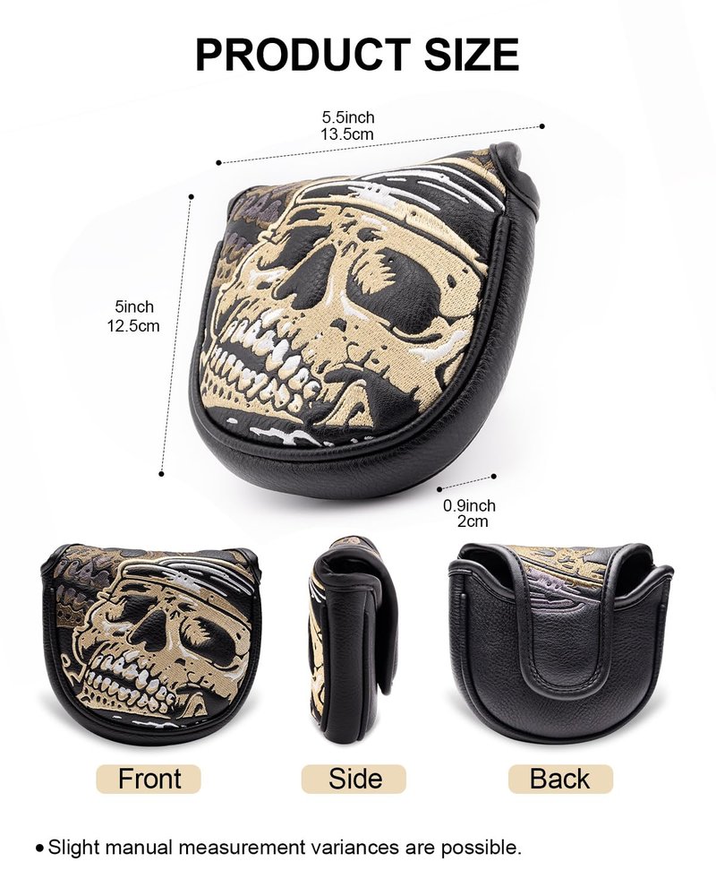 Skull Skeleton Mallet Putter Cover, Golf Club Covers with Magnetic Closure, Premium PU Leather and Advanced Embroidery with Velour Lined Golf Head Covers for Most Brands - Golden Black
