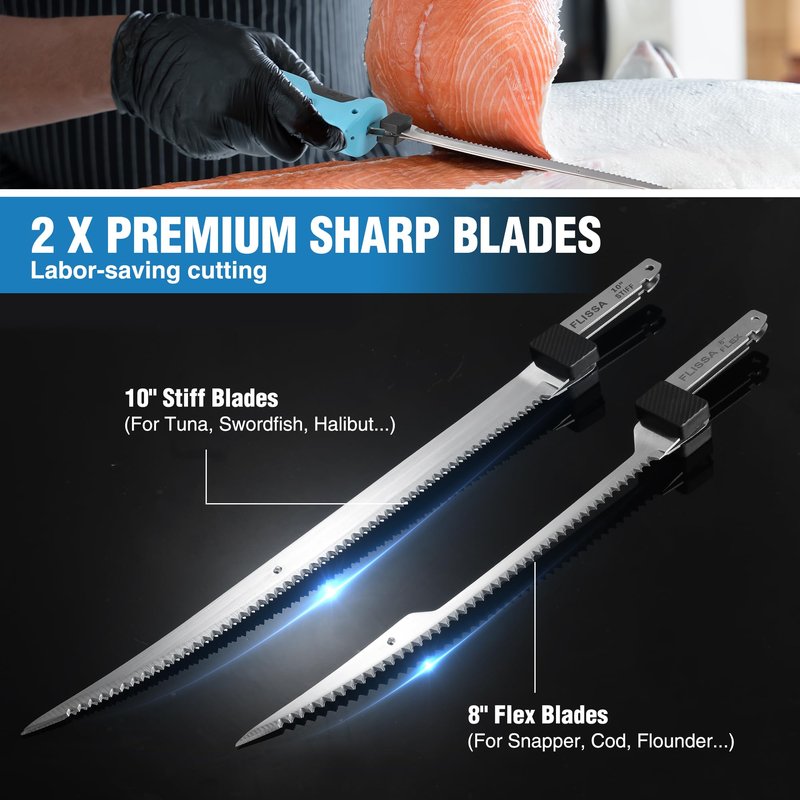 FLISSA Cordless Electric Fillet Knife for Fish with 8" and 10" Stainless Steel Blades, 12V Rechargeable Electric Knife with Non-Slip Handle, 2 Packs Long Lasting Lithium-ion Battery, Portable Carry Case