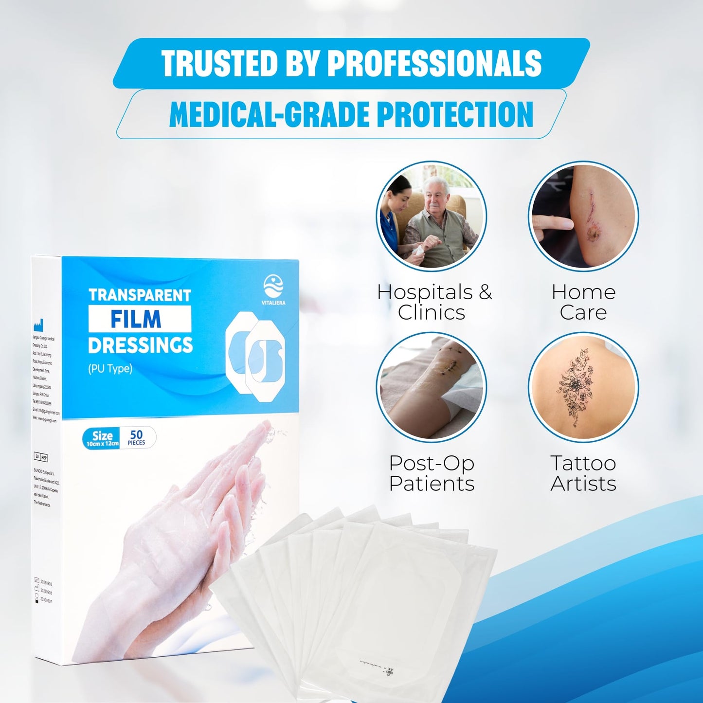 VITALIERA Transparent Film Dressing, Sterile First-Aid for Wounds Dressing, Adhesive Bandages for Swimming, Showering, Waterproof Bandages Post Surgical, Tattoo Cover-up, Clear Medical Tape(50 counts)