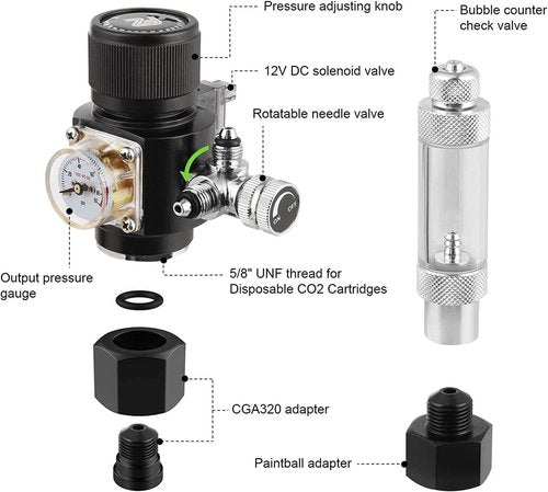 FZONE Mini Series V3.0 Aquarium CO2 Regulator - Dual Stage with DC Solenoid & Bubble Counter | Compatible with CGA320 Paintball Tank