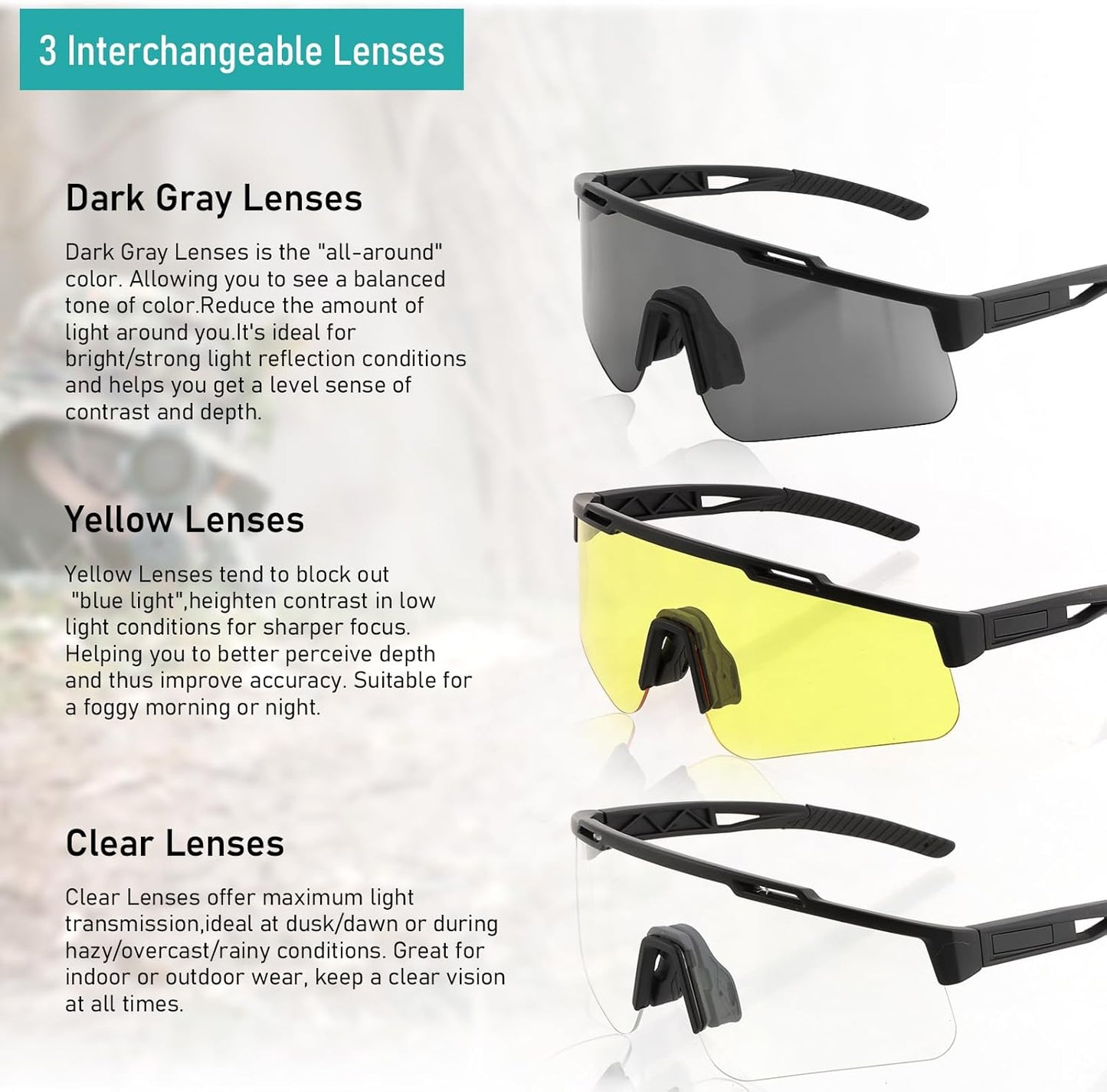 Skiennix Tactical Eyewear - Anti-Fog Sports Glasses with UV400 Protection & 3 Interchangeable Lenses