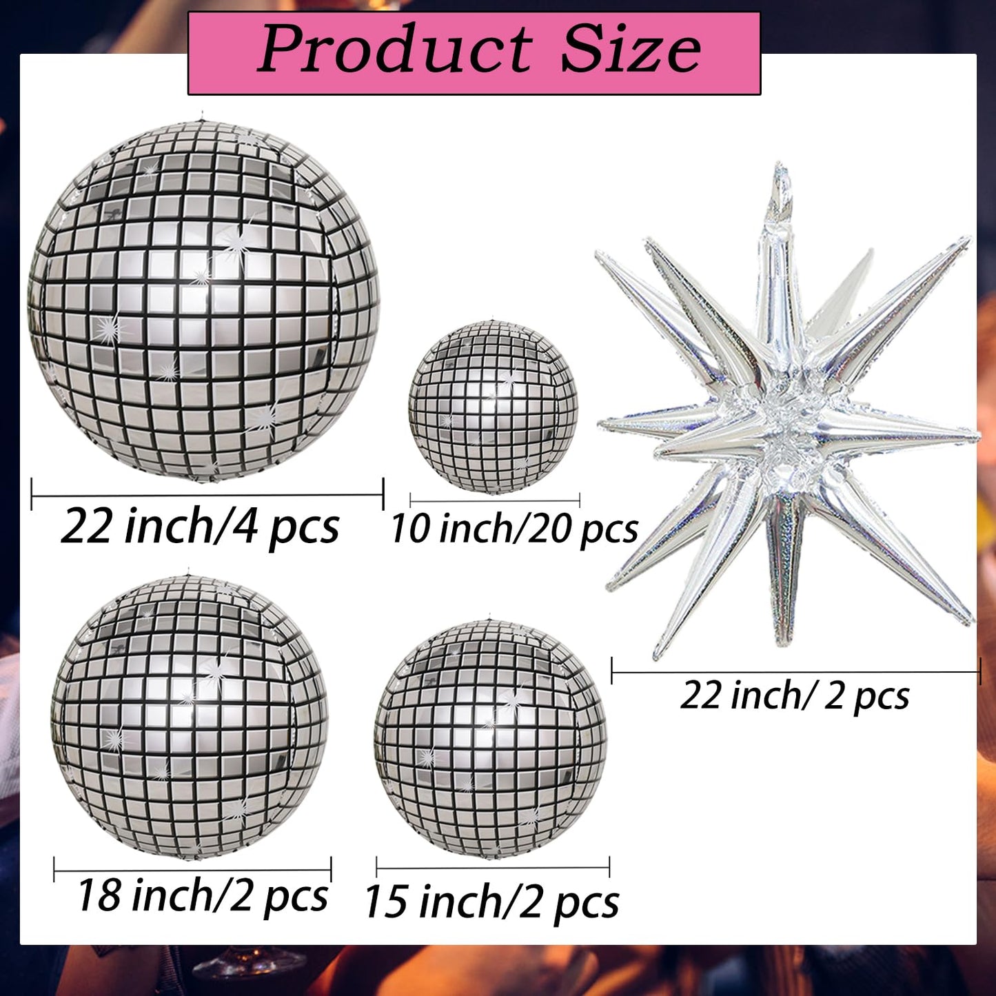 30 Pcs Disco Ball Balloons,4D Large Foil Balloons with Metallic Star,Huge Silver Explosion Star Aluminum for Disco Dance Birthday Party Graduation New Year Decoration