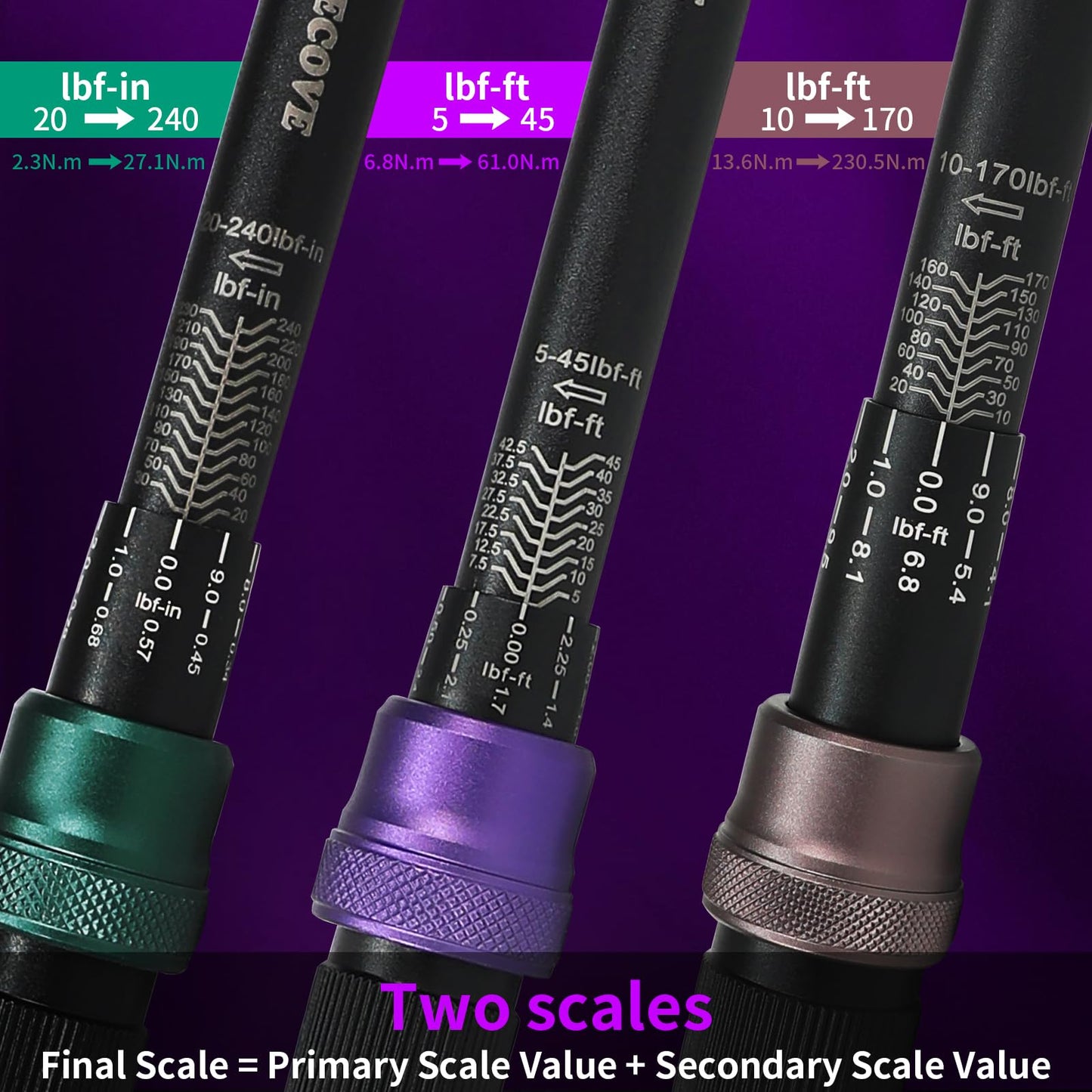 UYECOVE 1/4 3/8 1/2-inch Drive Click Torque Wrench, 4Pcs Torque Wrench Set 20-240 in.lb, 5-45 ft.lb, 20-160 ft.lb，with 1 Adapter，Adjustable Torque Wrench Set for Bike, Motorcycle, Car Maintenance