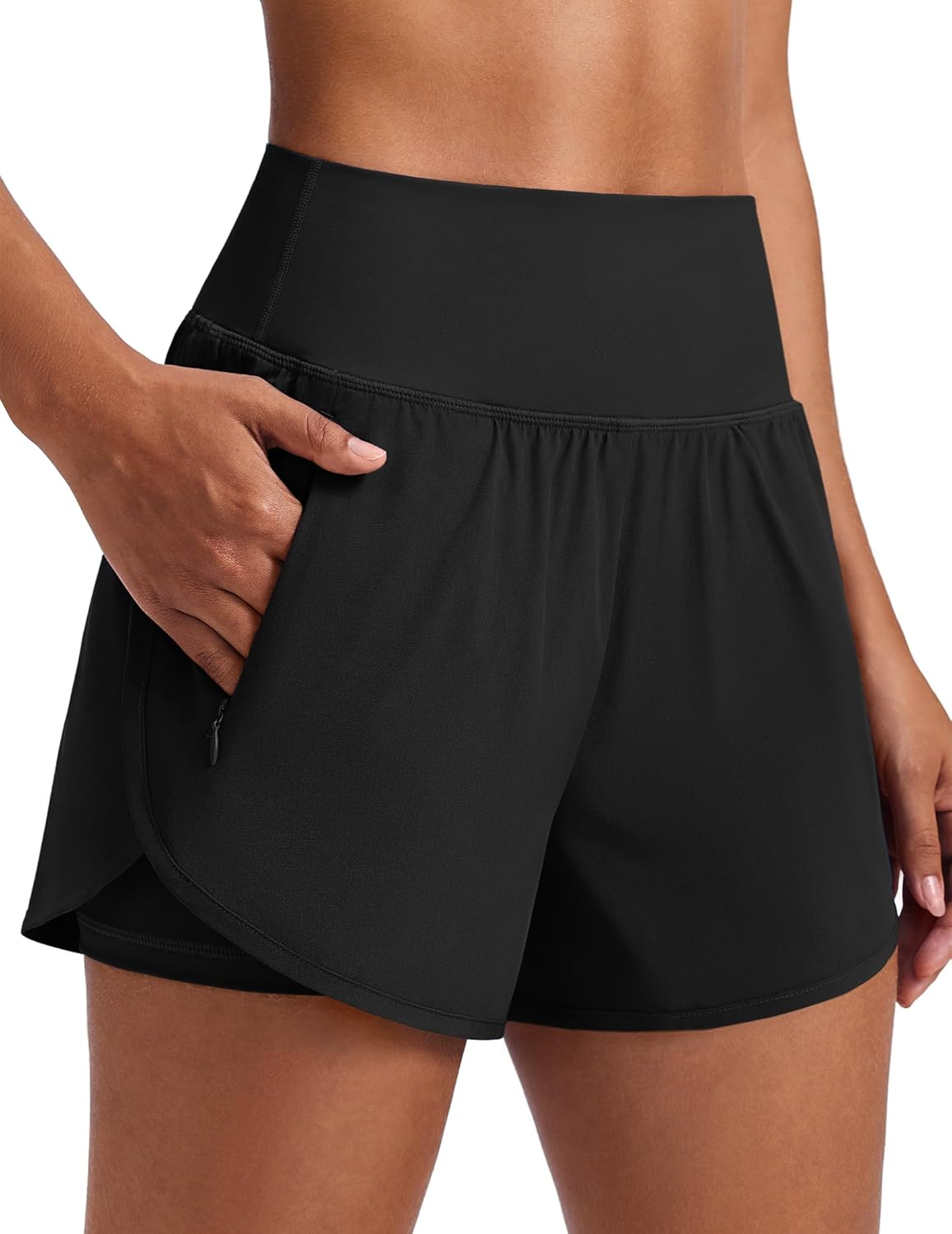 PINSPARK Women's 2-in-1 High Waisted Running Shorts - Quick Dry Dolphin Hem with 2 Zip Pockets